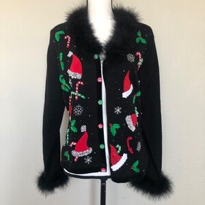 Jack B. Quick Christmas Sweater Cardigan Sequins Marabou Fur Women's Size L